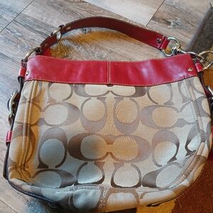 Coach Red and Tan Signature Shoulder Bag